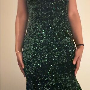 Emerald Satin Prom Dress with Lace Details
